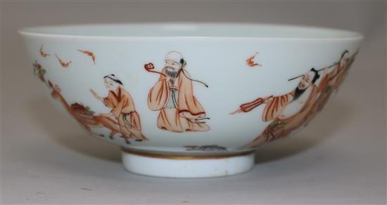 A Chinese famille verte eight immortals bowl, diameter 13cm